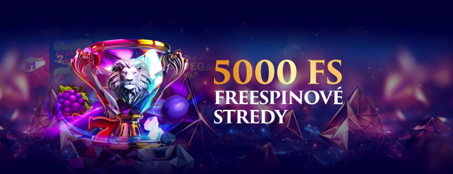 5000 FS Freespinové stredy - trofej s levom, symboly hrozna a sedmičky na tmavom hernom pozadí.